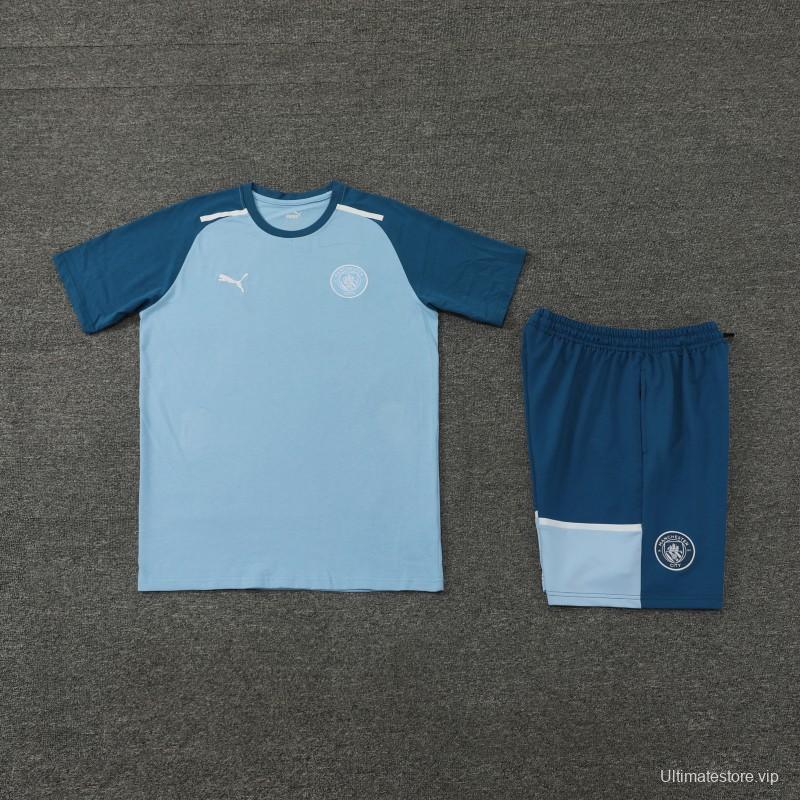 23/24 Manchester City Blue Cotton Short Sleeve Jersey+Shorts