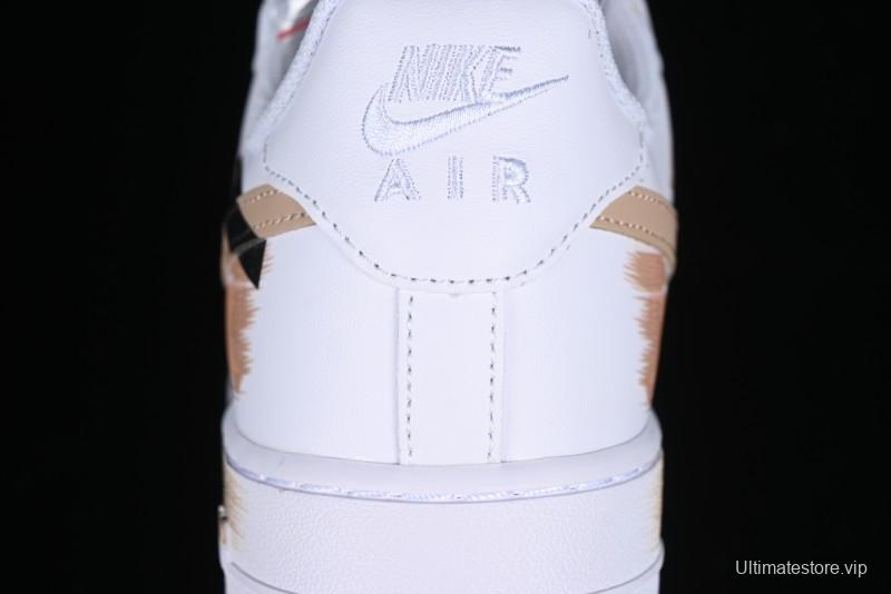 Nike Air Force 1 '07 Low Casual Sneakers with Anime-Inspired Hand-Painted Design, Broken Swoosh Shadow Effect, Brown/Black - CW2288-111