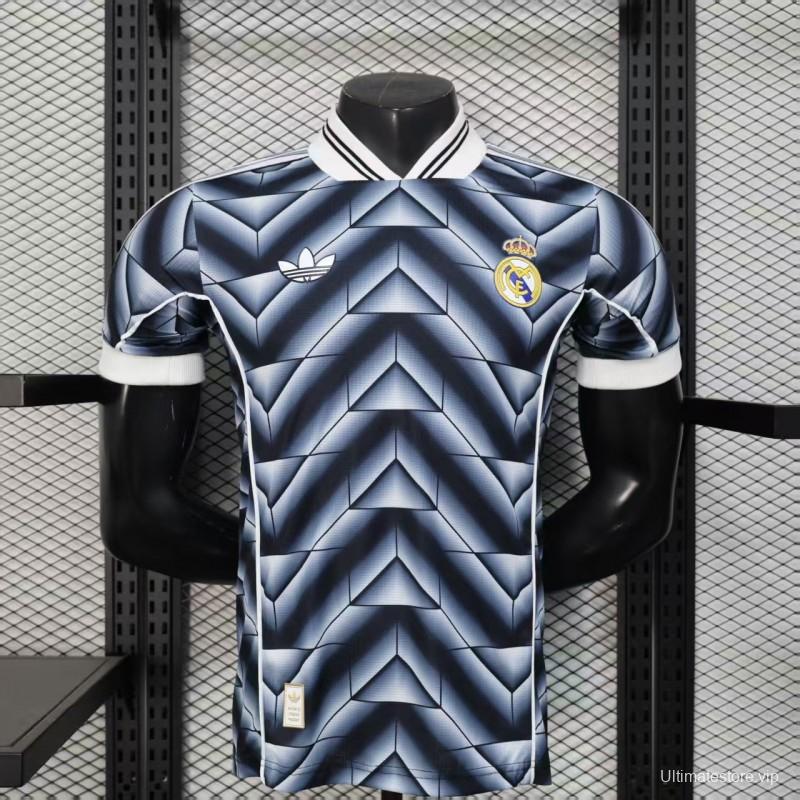 Retro Player Version  1988/89 Real Madrid Third Navy Blue with 3D Geometric Chevron Pattern Jersey