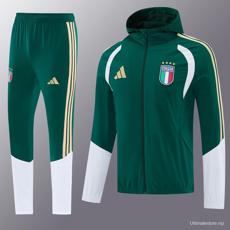 2026 Italy Green Hoodie Full Zipper Windbreaker + Long Pants