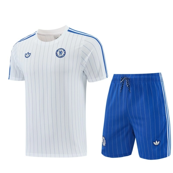 26/27 Chelsea FC White Stripes Short Sleeve+Blue Soccer Shorts