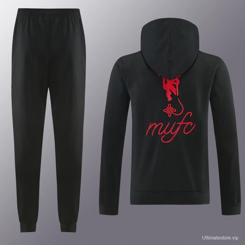 26/27 Manchester United Black Pullover Hooded Tracksuit + Long Pants