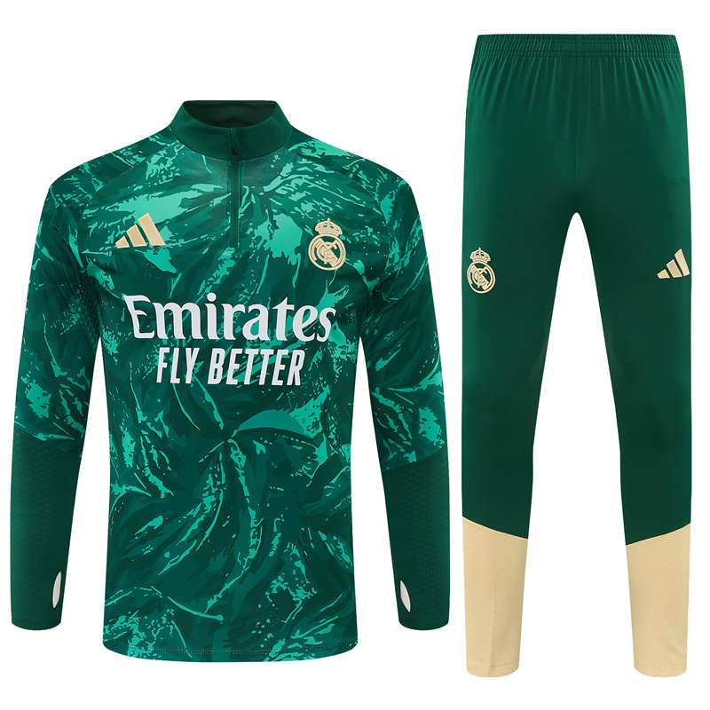 2026 Real Madrid Dark Green Camouflage  Half Zipper Jacket Tracksuit + Long Pants (Adidas)