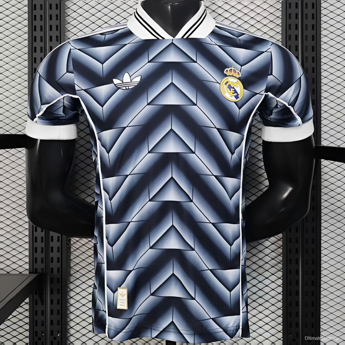 Retro Player Version  1988/89 Real Madrid Third Navy Blue with 3D Geometric Chevron Pattern Jersey