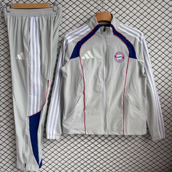 25/26 Bayern Munich Grey with Red Full zipper Jacket Tracksuit+ long pants