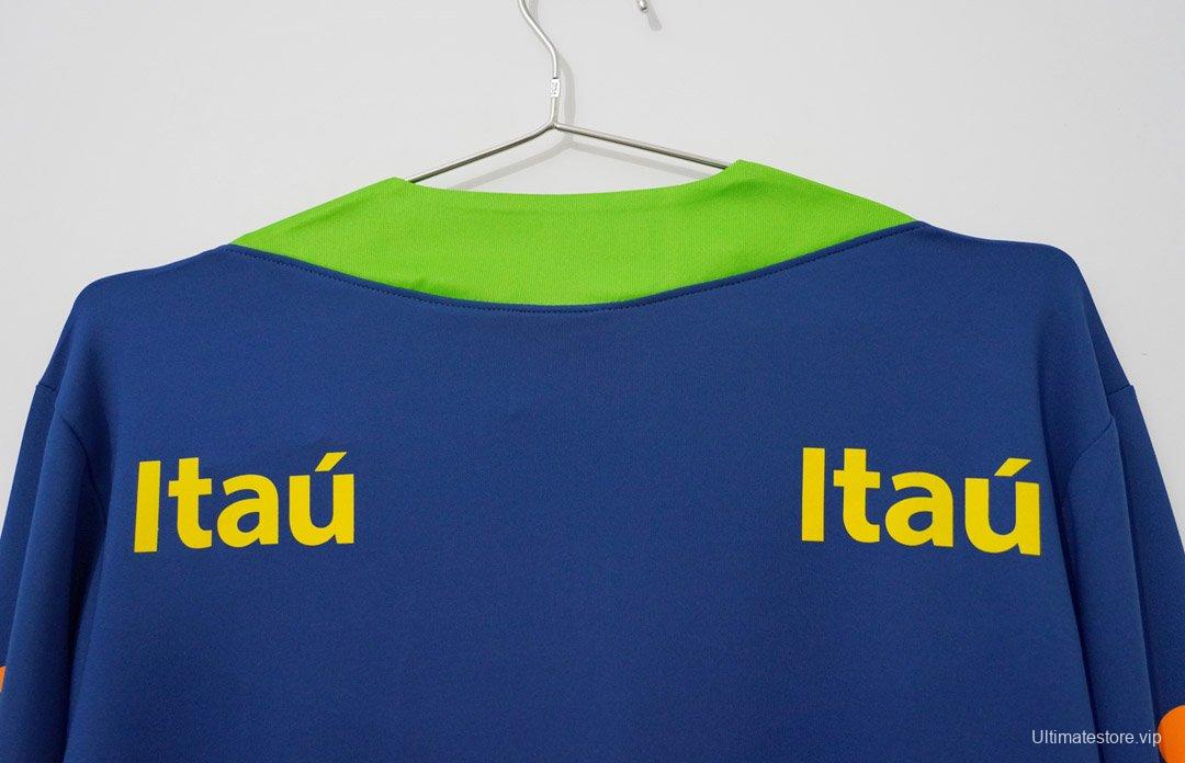 2024 Brazil Navy Blue with Lime Green Long Sleeve Half-Zip Training Top